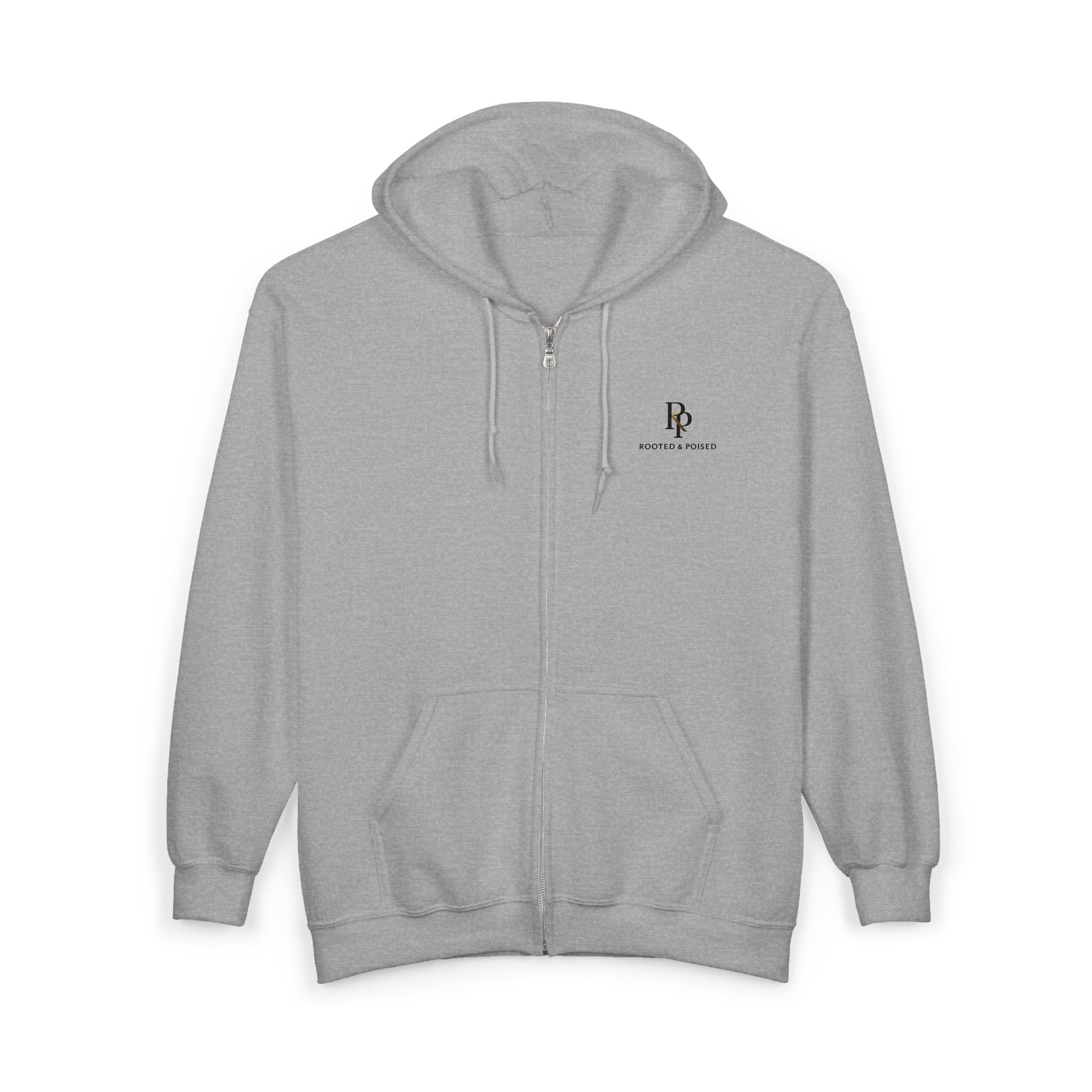 Rooted & Poised Full-Zip Hoodie — Minimal Logo Sweatshirt for Everyday Comfort