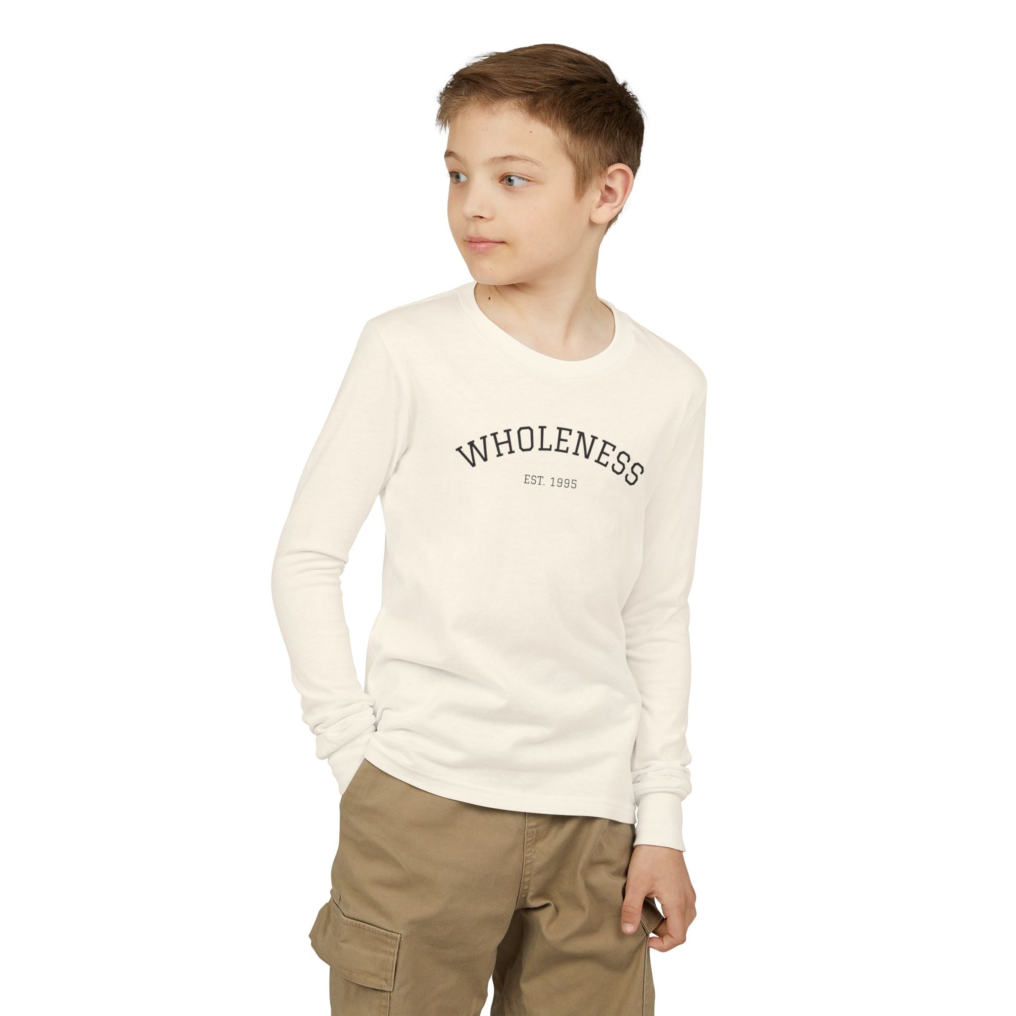 Wholeness Youth Long Sleeve Tee — Minimalist Arch Text Kids Shirt