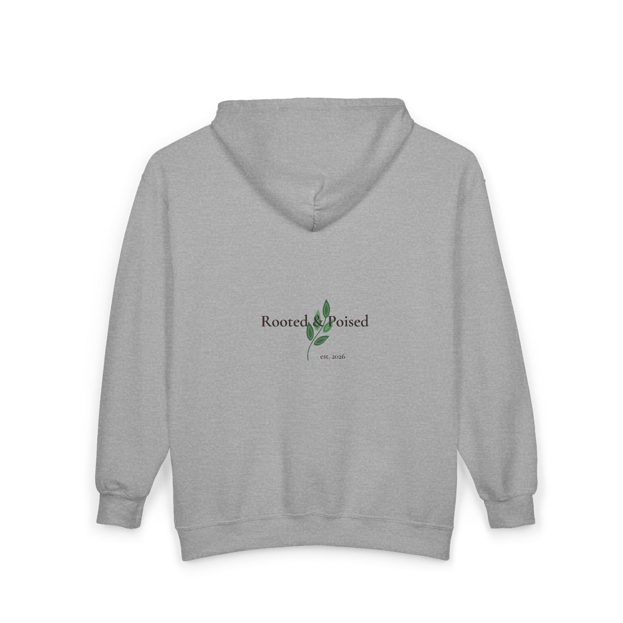 Rooted & Poised Full-Zip Hoodie — Minimal Logo Sweatshirt for Everyday Comfort