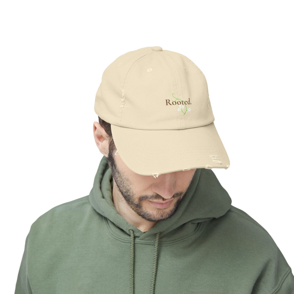 Rooted Distressed Cap — Vintage Beige Embroidered Baseball Hat
