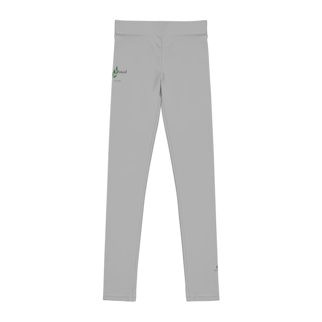 Rooted & Poised Youth Leggings — Subtle Green Script Activewear for Kids