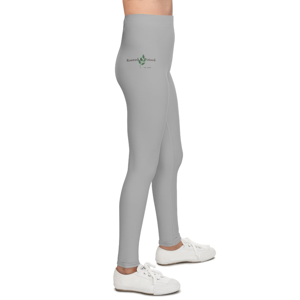 Rooted & Poised Youth Leggings — Subtle Green Script Activewear for Kids