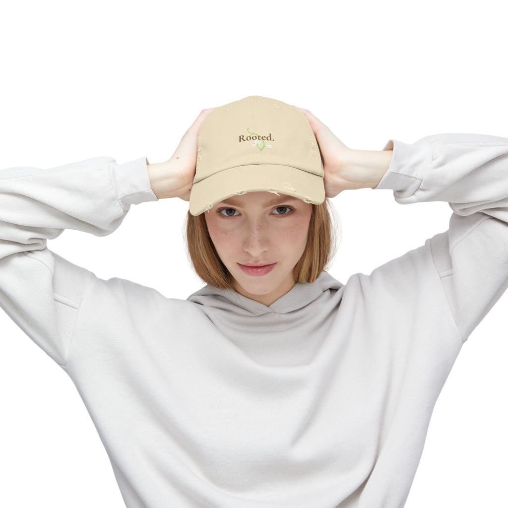 Rooted Distressed Cap — Vintage Beige Embroidered Baseball Hat