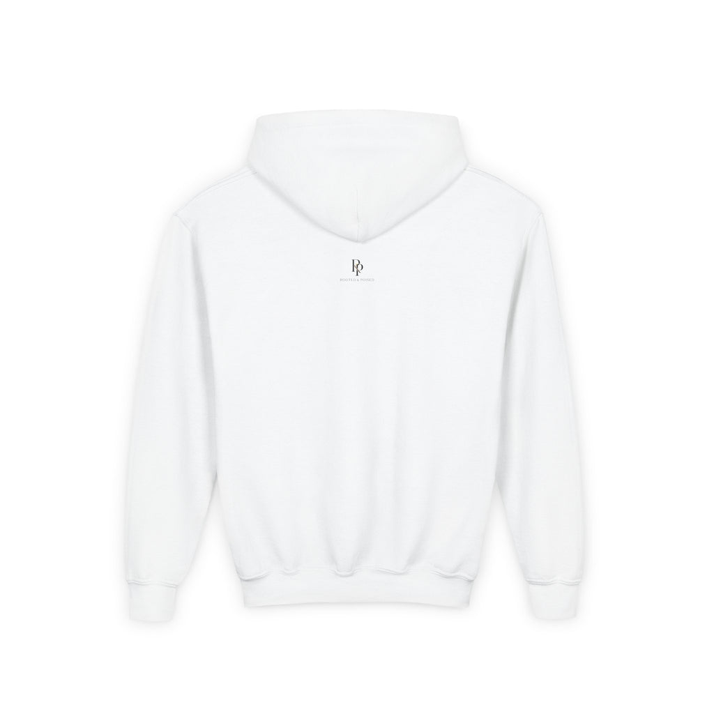 Rooted & Poised Youth Hoodie — Minimalist White Pullover for Kids