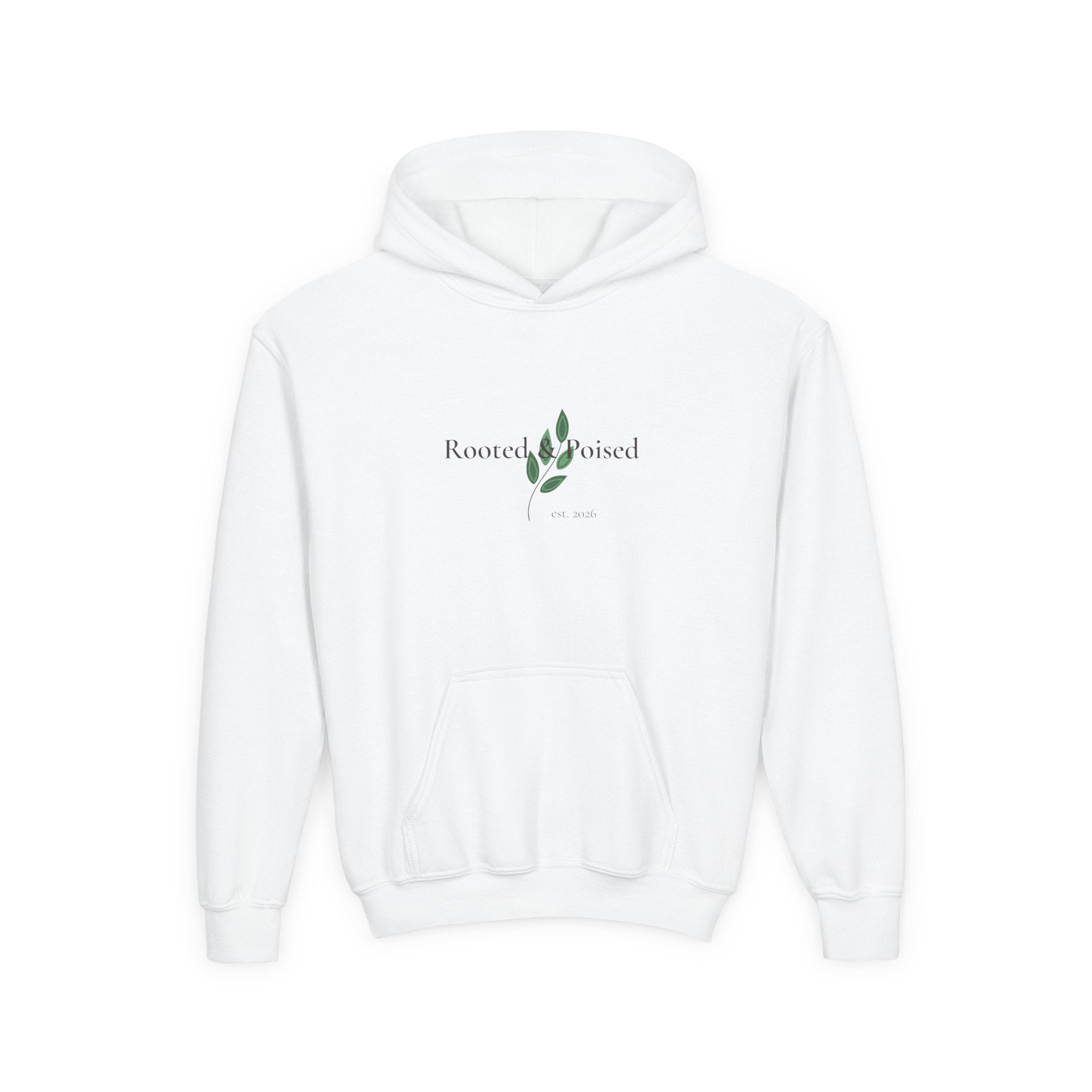 Rooted & Poised Youth Hoodie — Minimalist White Pullover for Kids