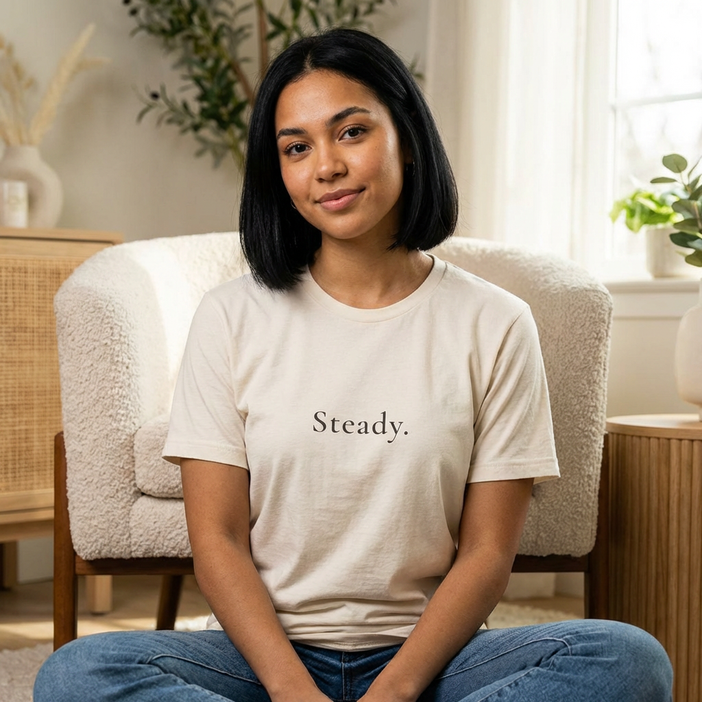 Steady. Minimalist Graphic Tee — Calm Motivational Short Sleeve Shirt