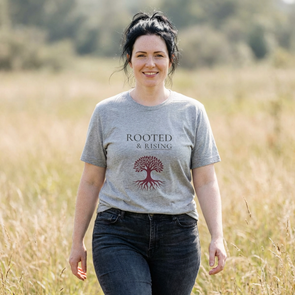 Rooted & Rising Minimalist Logo Tee — Lightweight Inspirational Crew Neck Shirt