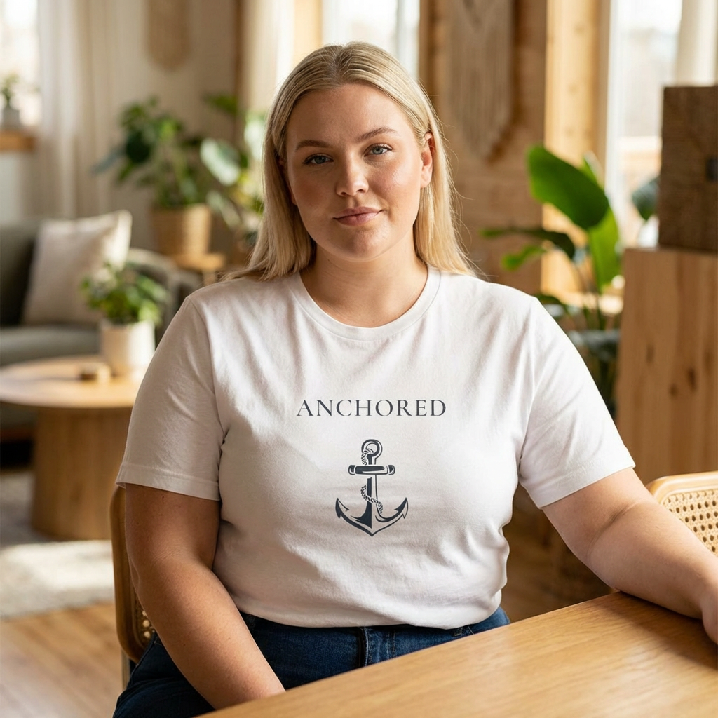 Anchored Minimalist White Tee — Simple Nautical Crew Neck Shirt