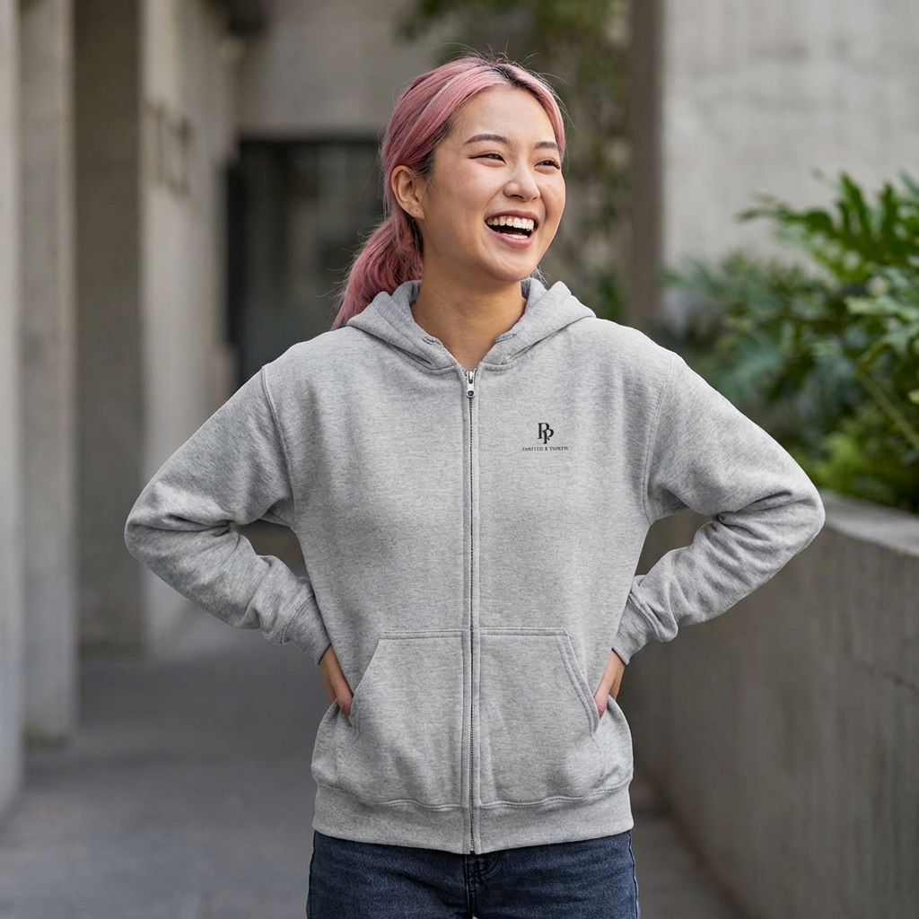 Rooted & Poised Full-Zip Hoodie — Minimal Logo Sweatshirt for Everyday Comfort
