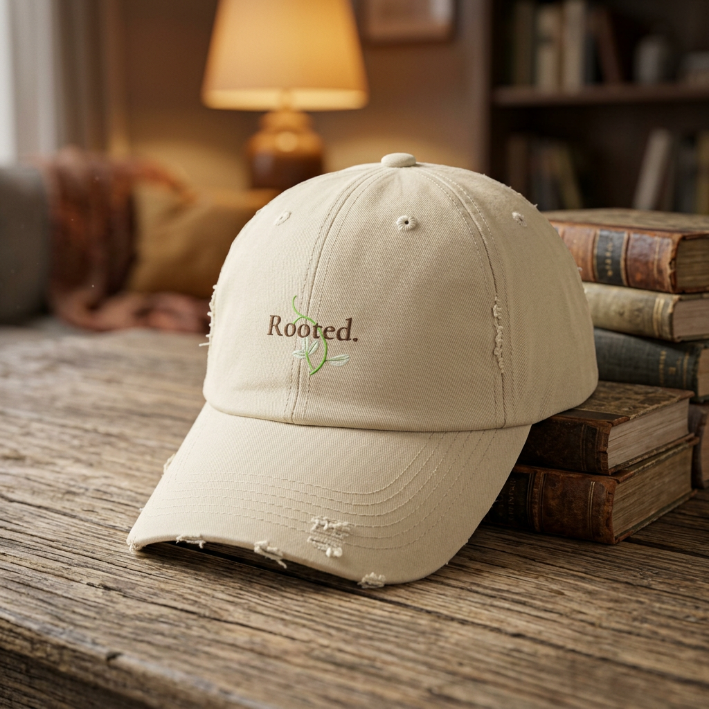 Rooted Distressed Cap — Vintage Beige Embroidered Baseball Hat