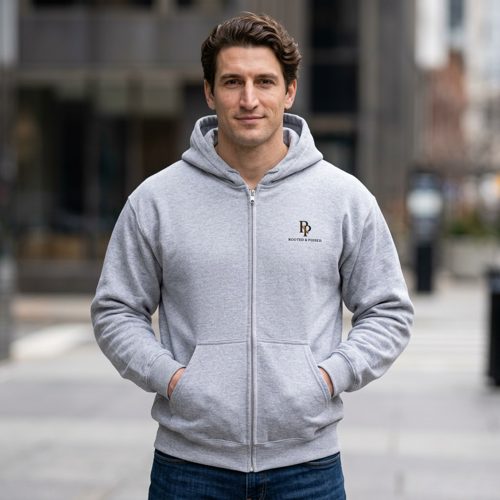 Rooted & Poised Full-Zip Hoodie — Minimal Logo Sweatshirt for Everyday Comfort