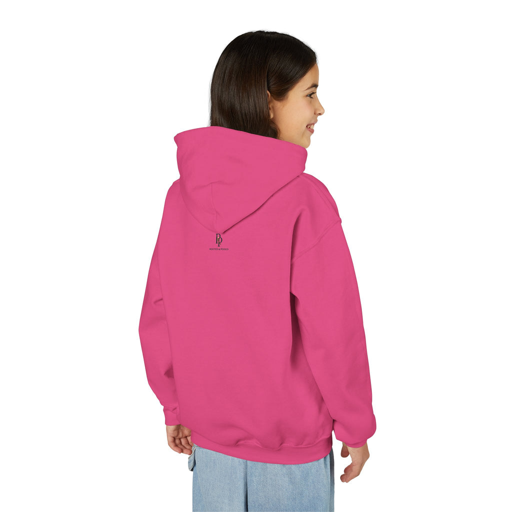Rooted & Poised Youth Hoodie — Minimalist White Pullover for Kids