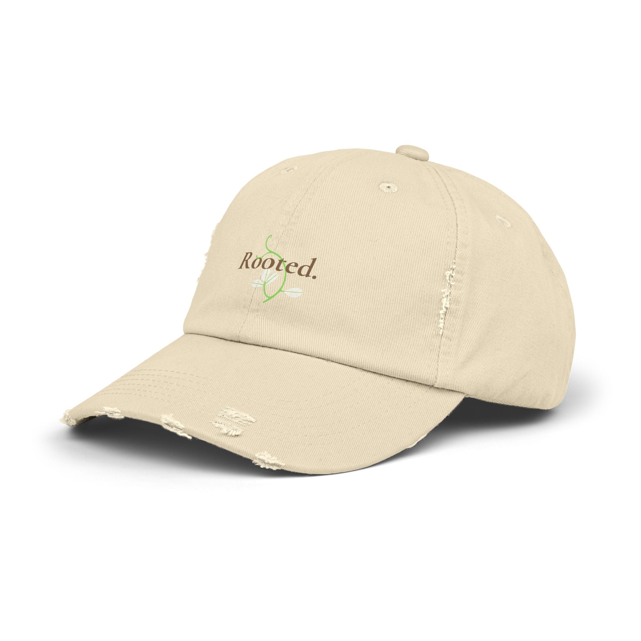 Rooted Distressed Cap — Vintage Beige Embroidered Baseball Hat
