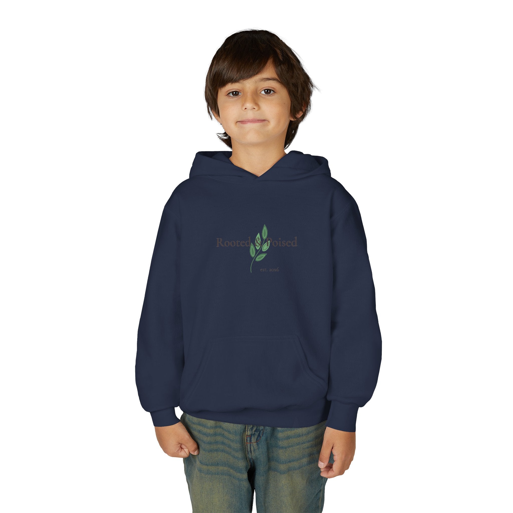 Rooted & Poised Youth Hoodie — Minimalist White Pullover for Kids