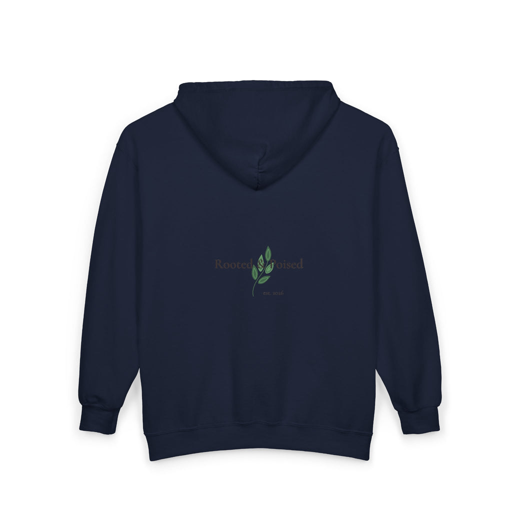 Rooted & Poised Full-Zip Hoodie — Minimal Logo Sweatshirt for Everyday Comfort