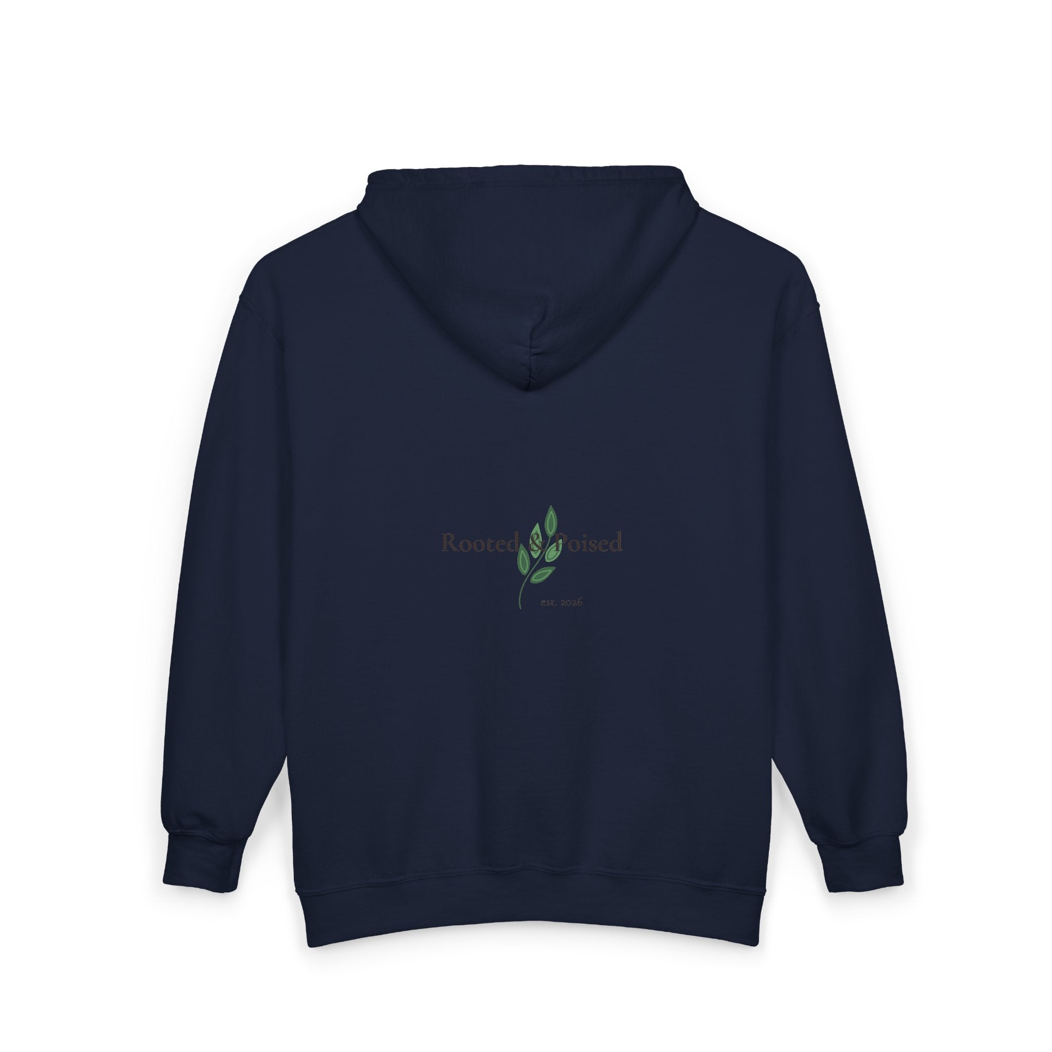 Rooted & Poised Full-Zip Hoodie — Minimal Logo Sweatshirt for Everyday Comfort