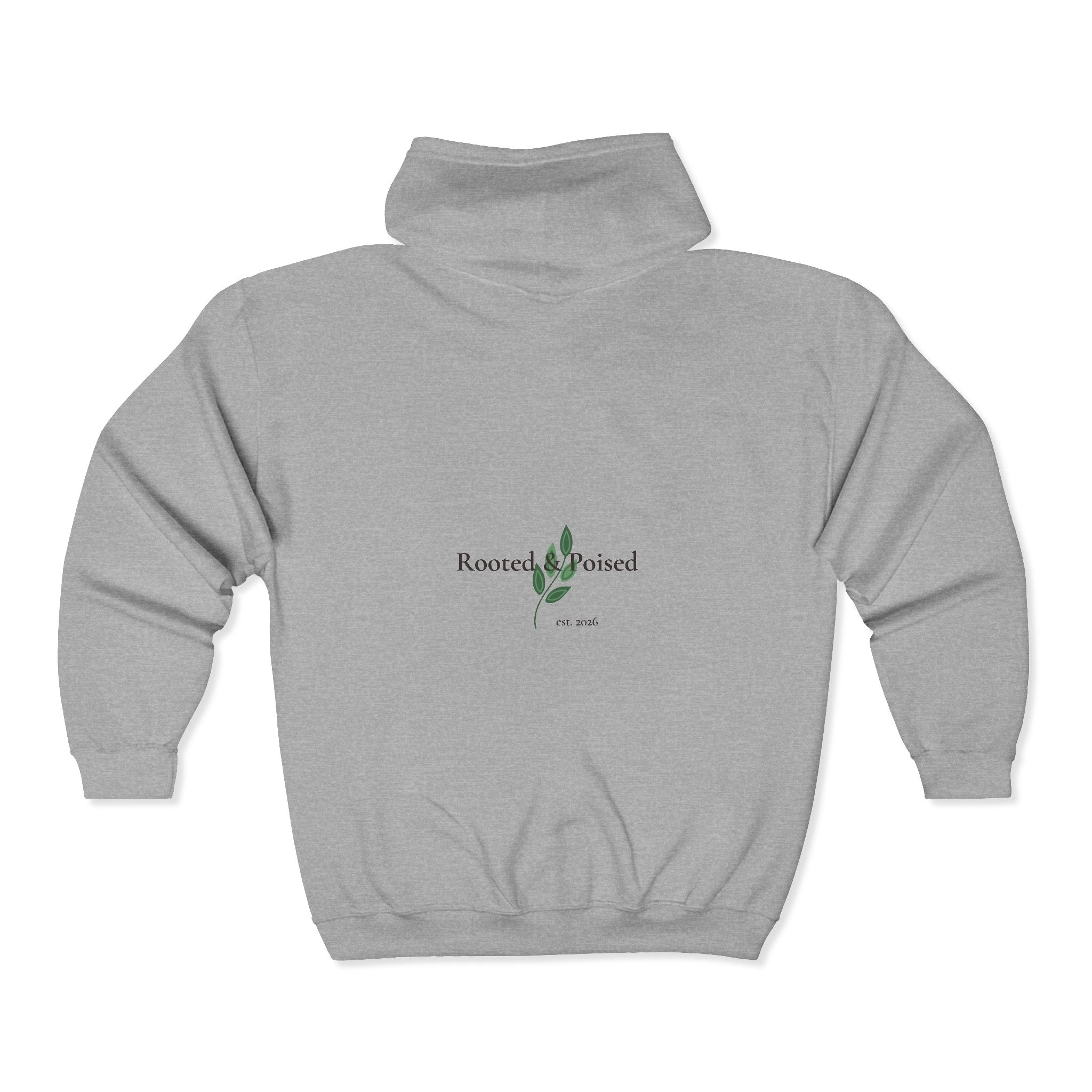 Rooted & Poised Full-Zip Hoodie — Minimal Logo Sweatshirt for Everyday Comfort